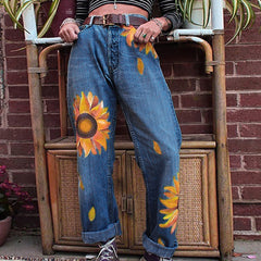 Mid Waist Sunflowers Jeans