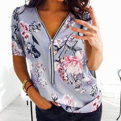 T-Shirts Print V-Neck Zipper