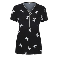 T-Shirts Print V-Neck Zipper