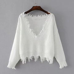 Knitted Sweater Ripped V-Neck