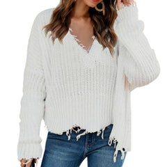 Knitted Sweater Ripped V-Neck