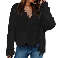 Knitted Sweater Ripped V-Neck