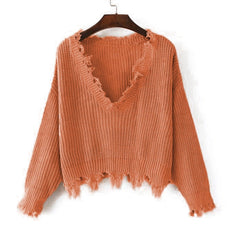 Knitted Sweater Ripped V-Neck